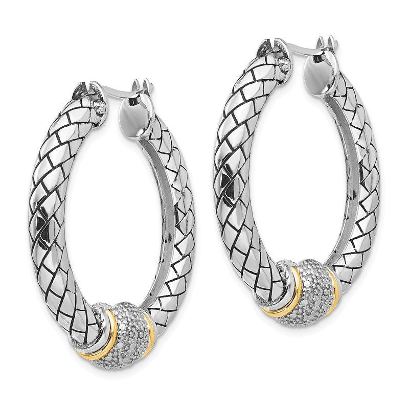 Sterling Silver with 14K Accent Antiqued Diamond Hoop Earrings