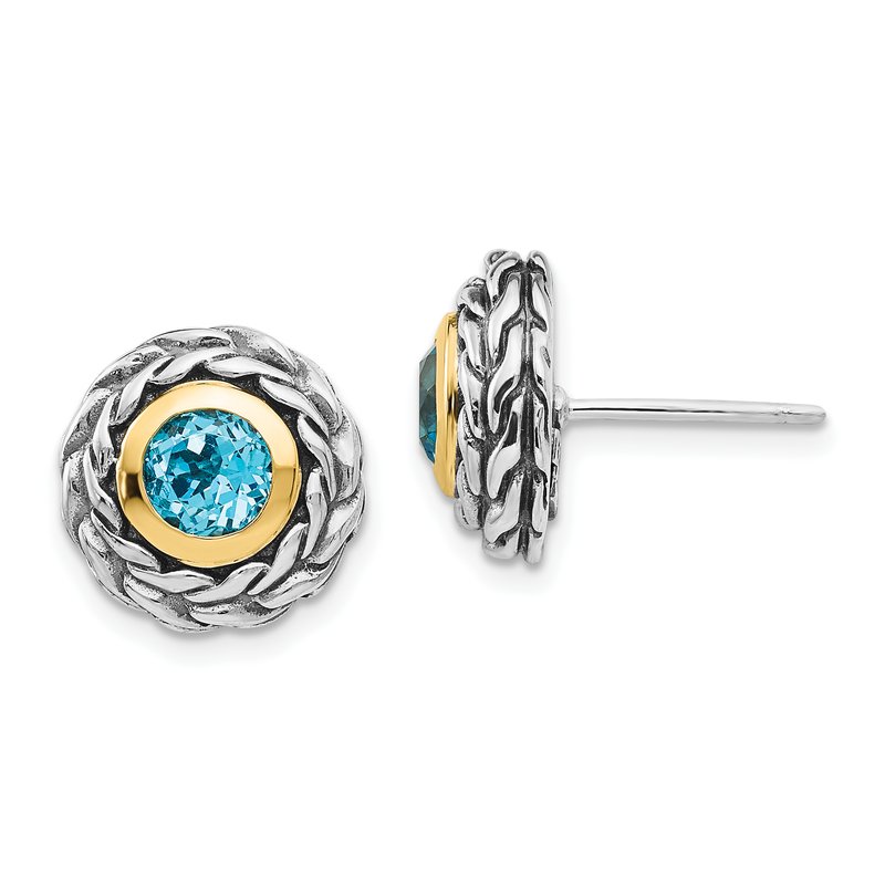 Sterling Silver with 14K Accent Antiqued Round Bezel Light Swiss Blue Topaz Post Earrings