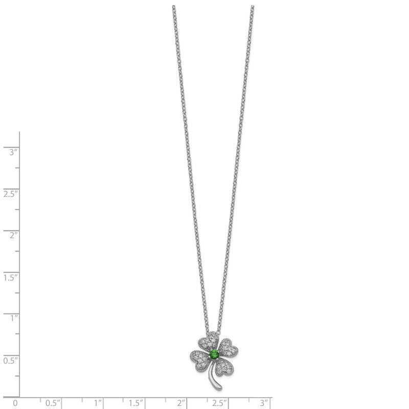 Sterling Silver Rhodium-plated Brilliant-cut Green Glass and Brilliant-cut White CZ Four Leaf Clover 18 Inch Necklace