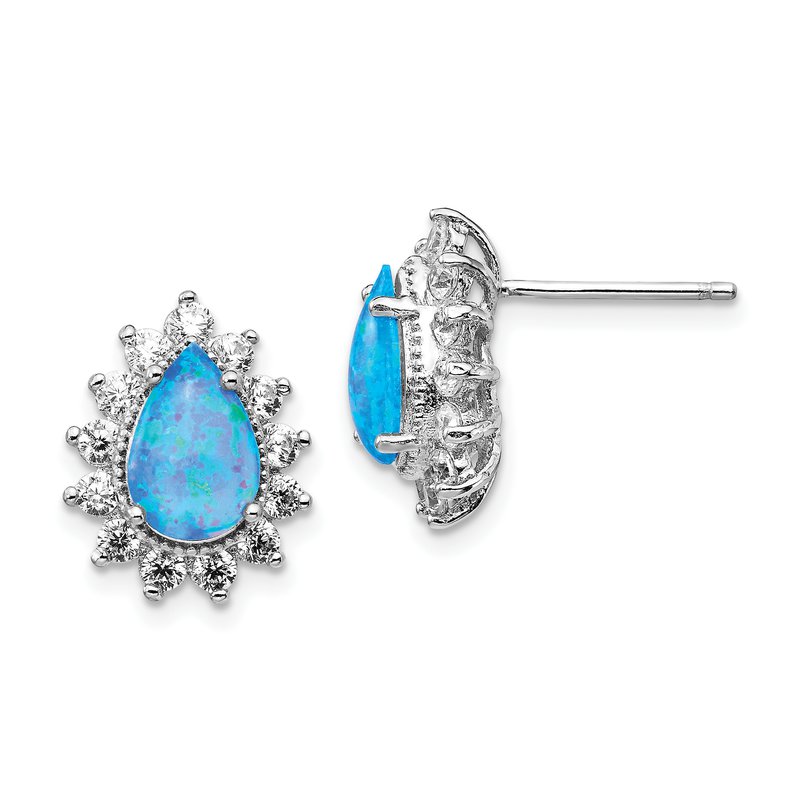 Sterling Silver Rhodium-plated Cabochon Lab Created Blue Opal and Brilliant-cut CZ Teardrop Shaped Post Earrings
