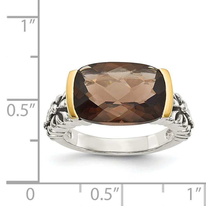 Sterling Silver with 14K Accent Antiqued Cushion Checkerboard Smoky Quartz Ring