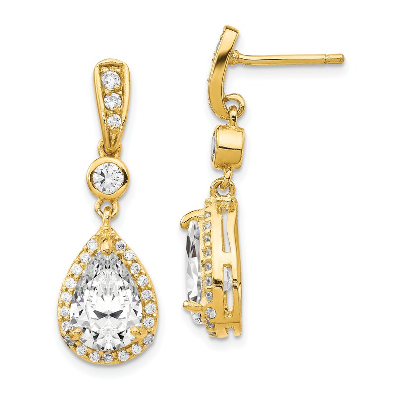 Sterling Silver Gold-plated Brilliant-cut CZ Teardrop and Bezel Halo Post Dangle Earrings