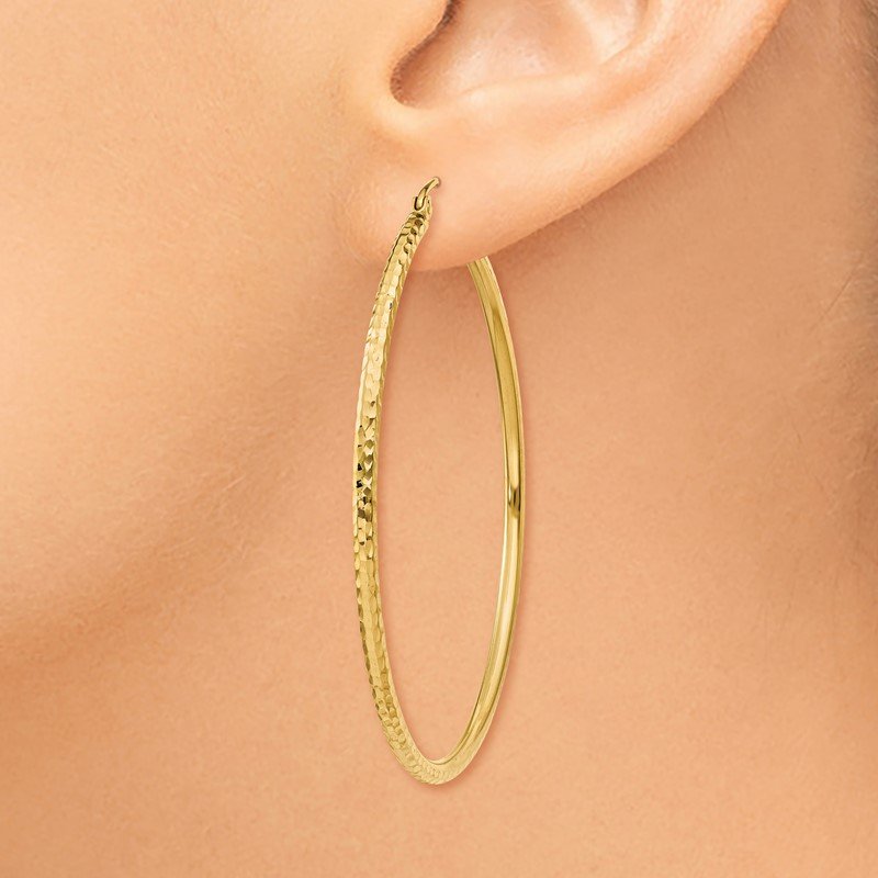 14k 2x50mm Diamond-cut Round Tube Hoop Earrings