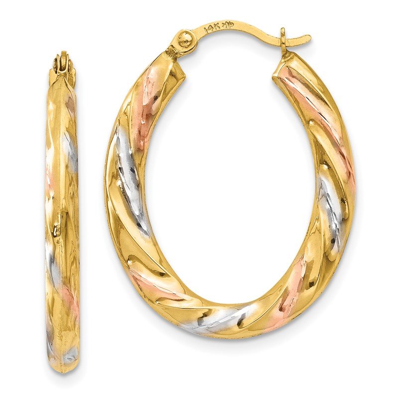 14K &amp; White &amp; Rose Rhodium Oval Hollow Scallop Hoop Earrings