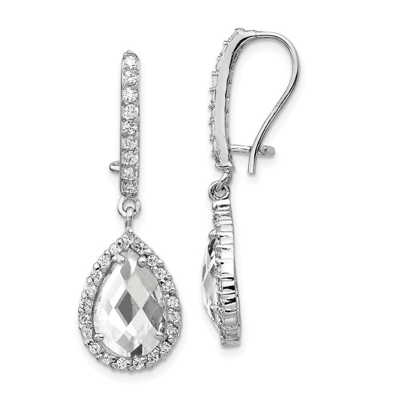 Sterling Silver Rhodium-plated Checkerboard-cut Pear Shaped and Brilliant-cut CZ Halo Kidney Wire Dangle Earrings
