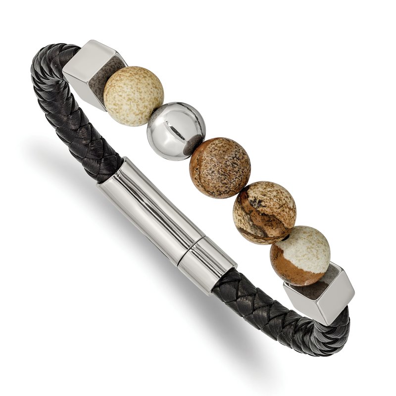 Stainless Steel Polished with Brown Jasper Beads Black Leather 8 inch Bracelet