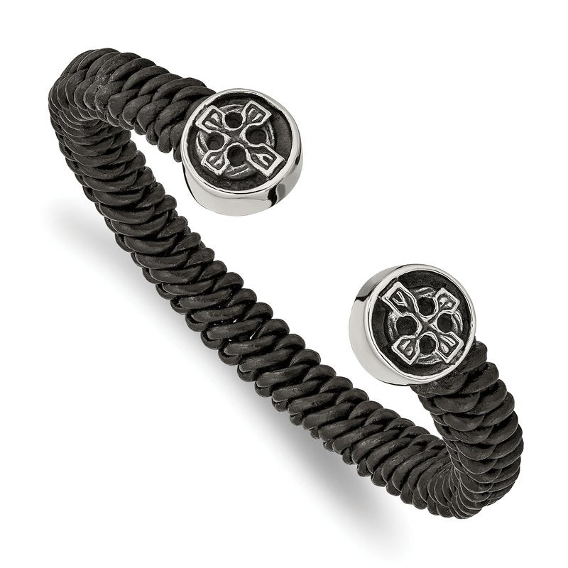 Stainless Steel Antiqued and Polished Black Leather Celtic Cross Cuff Bangle