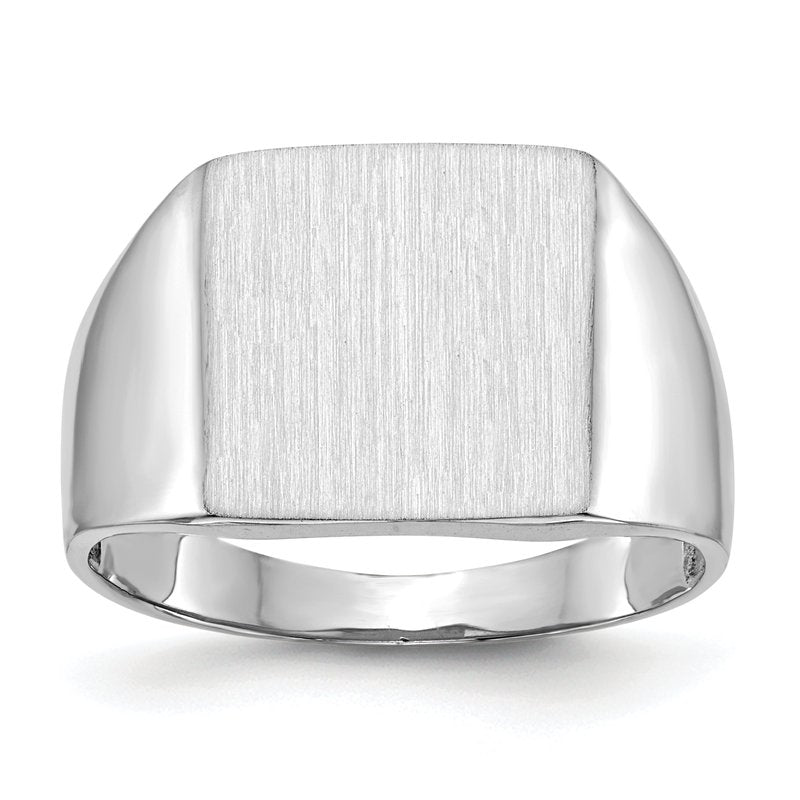 14k White Gold 13.0x13.5mm Open Back Satin Mens Signet Ring