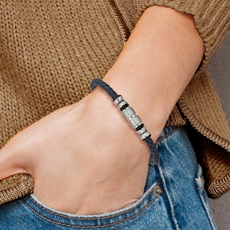 Stainless Steel Brushed and Polished Black IP-plated with Rubber Blue Braided Leather Adjustable 7.75 to 8.25 inch Bracelet