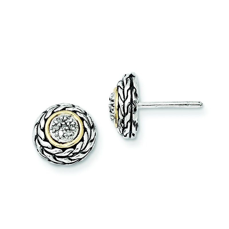 Sterling Silver Antiqued with 14K Accent Diamond Post Earrings