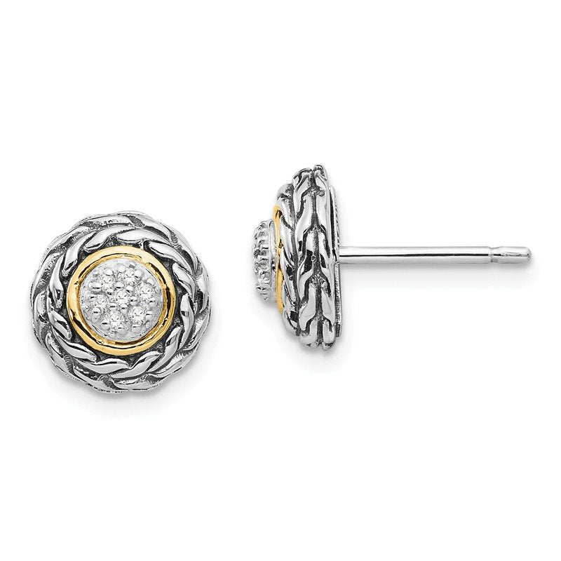 Sterling Silver Antiqued with 14K Accent Diamond Post Earrings
