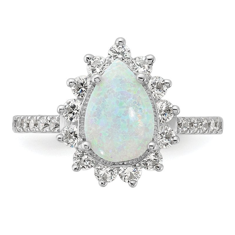 Sterling Silver Rhodium-plated Cabochon Lab Created Opal and Brilliant-cut CZ Teardrop Halo Ring