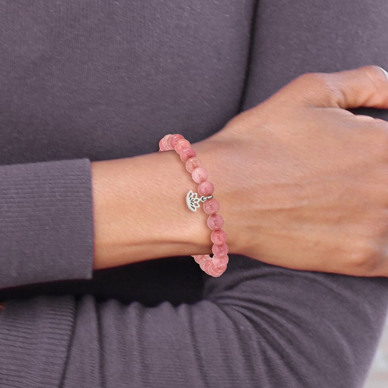 Stainless Steel Polished Lotus 6mm Pink Jade Beaded Stretch Bracelet