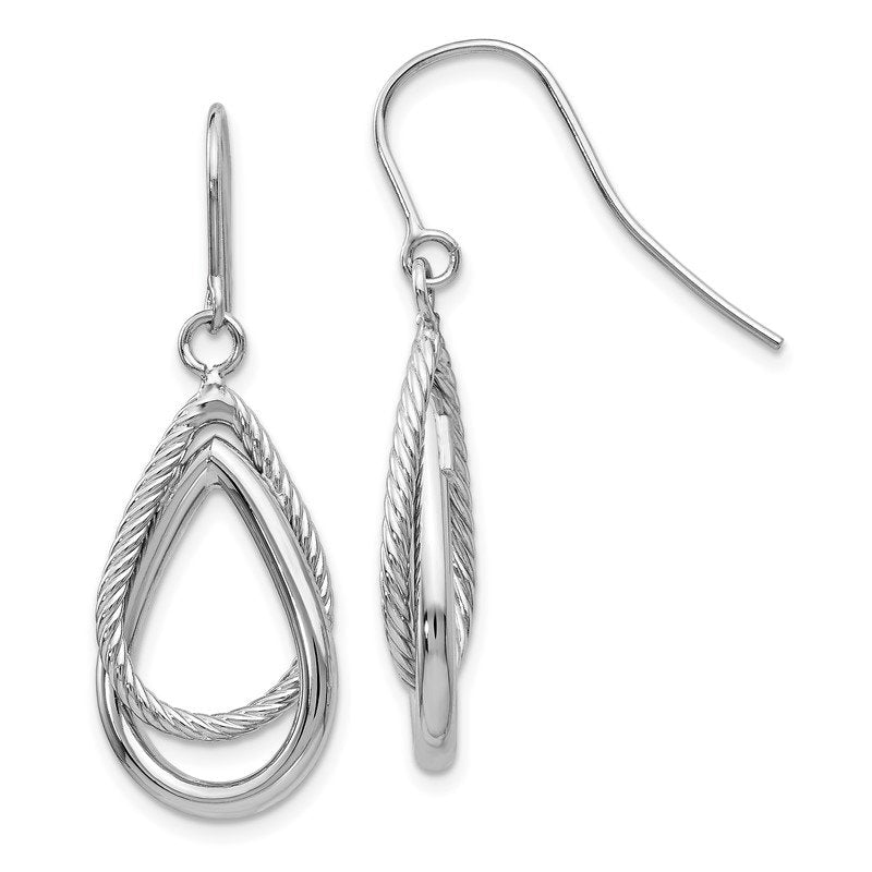 14K White Gold Polished and Textured Teardrop Shepherd Hook Earrings