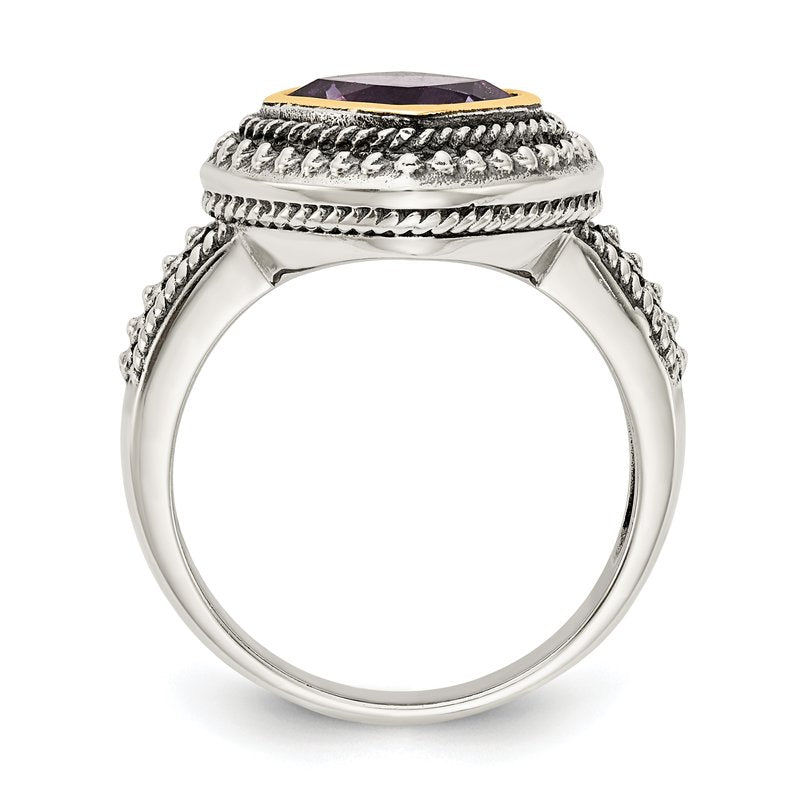 Sterling Silver with 14K Accent Antiqued Cushion Bezel Amethyst Ring
