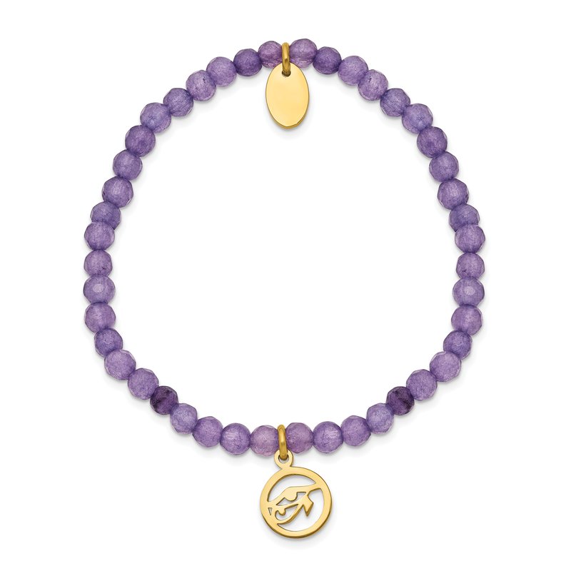 Stainless Steel Polished Yellow IP-plated Eye of Horus 4mm Purple Jade Beaded Stretch Bracelet