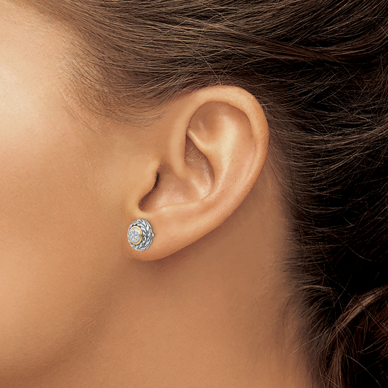 Sterling Silver Antiqued with 14K Accent Diamond Post Earrings