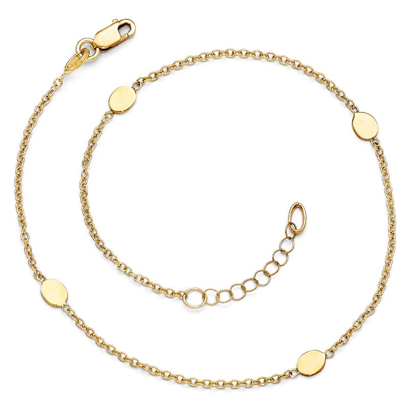 14K Oval Disc 4-Station 10 inch Plus 1 inch Extender - Total 11 inch Anklet