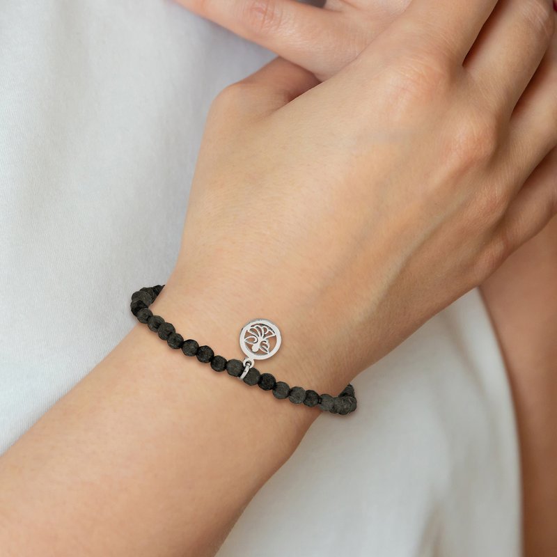 Stainless Steel Polished Angel 4mm Black Jade Beaded Stretch Bracelet