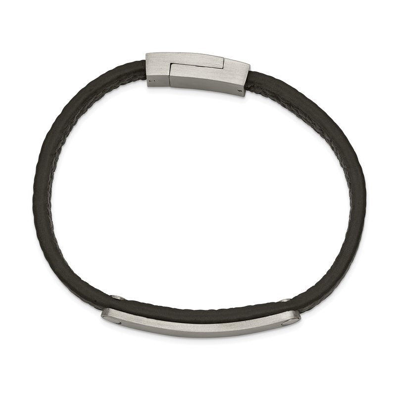 Stainless Steel Brushed Black Leather 8.25 inch ID Bracelet