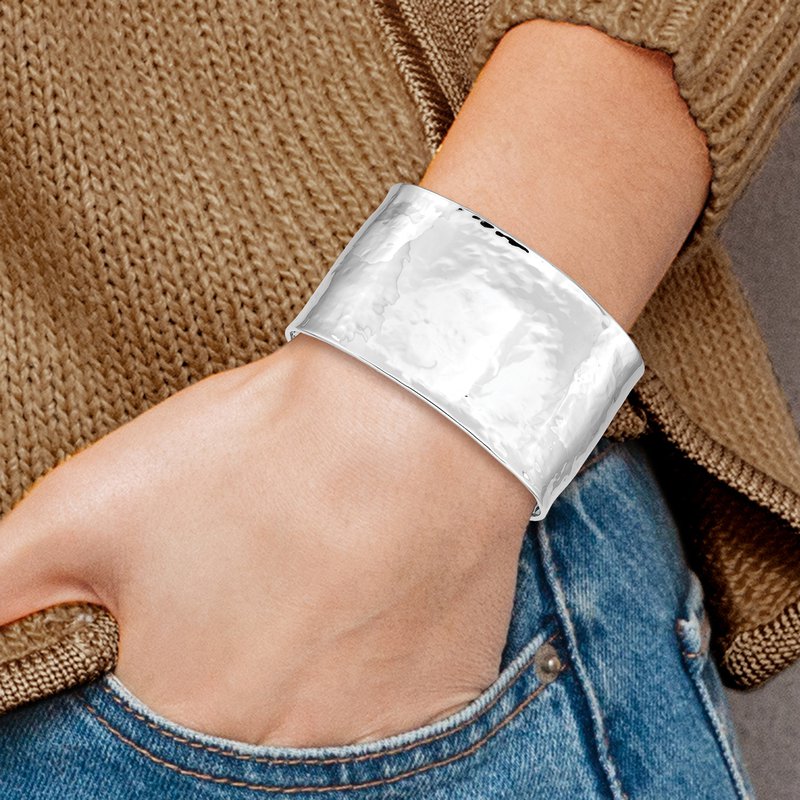 14k White Gold 37mm Hammered Polished Cuff Bangle Bracelet