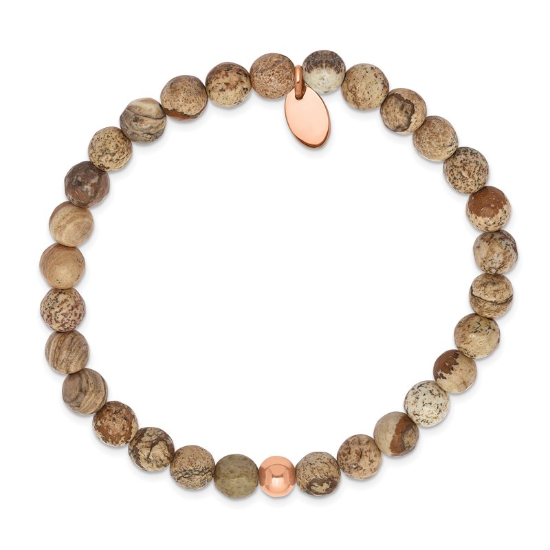 Stainless Steel Polished Rose IP-plated 6mm Brown Jasper Beaded Stretch Bracelet