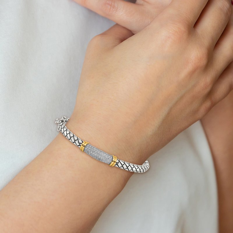 Sterling Silver with 14K Accent Antiqued Diamond Hinged Bangle Bracelet