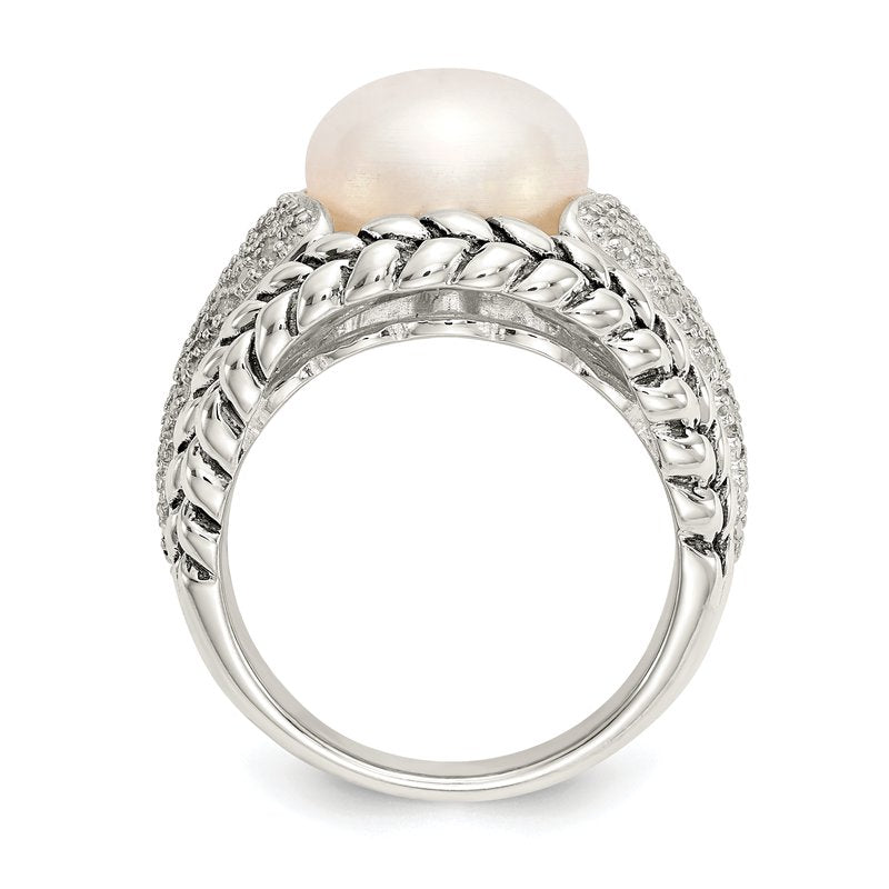 Sterling Silver Antiqued Freshwater Cultured Pearl and Diamond Ring