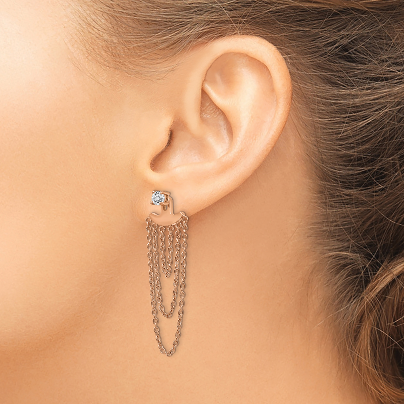 Stainless Steel Polished Rose IP-plated CZ Post with Jacket Earrings