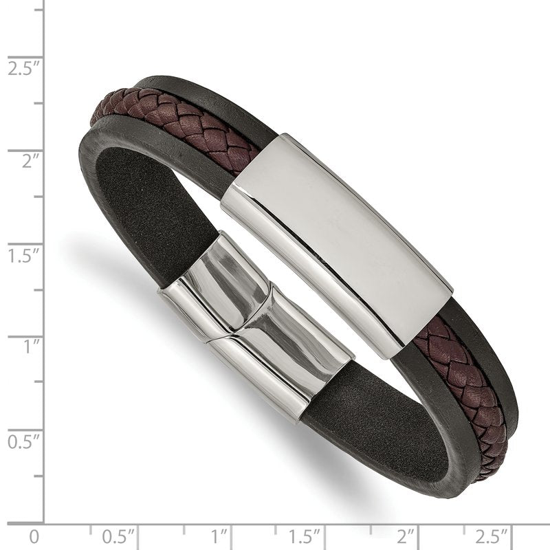 Stainless Steel Polished Black and Brown Braided Leather 8.25 inch ID Bracelet