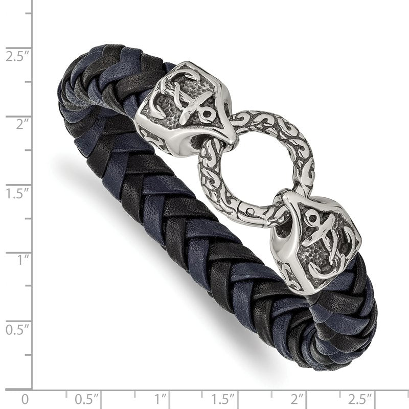 Stainless Steel Antiqued and Polished Black and Blue Braided Leather 8.25 inch Bracelet
