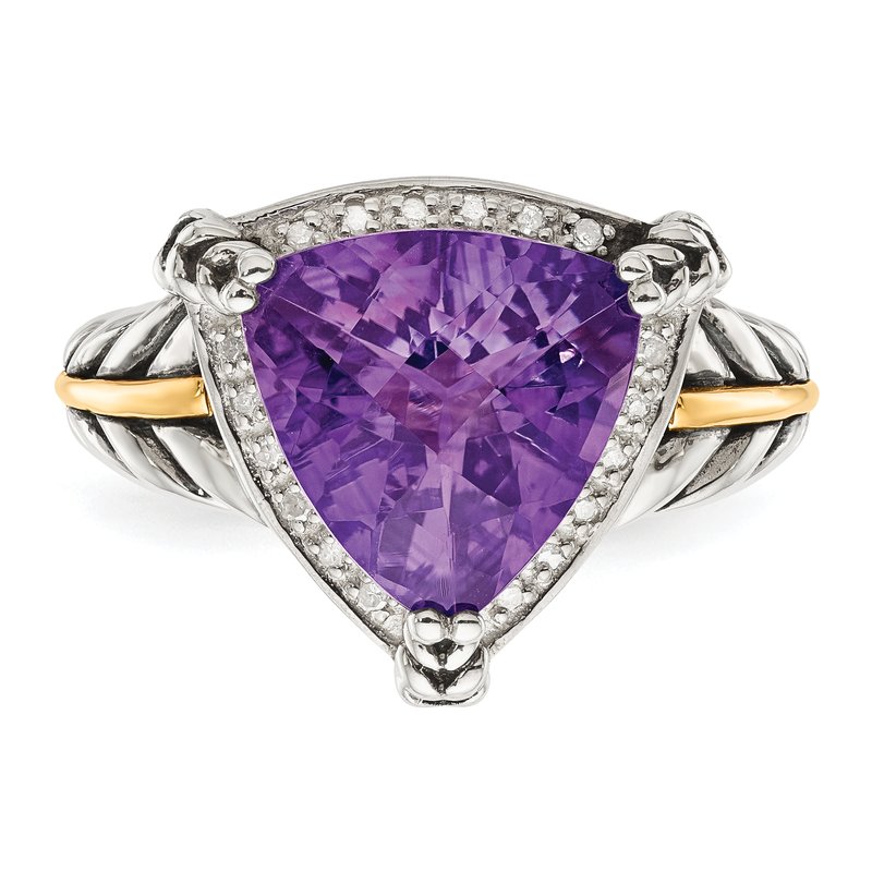 Sterling Silver with 14K Accent Antiqued Trillion Amethyst and Diamond Ring