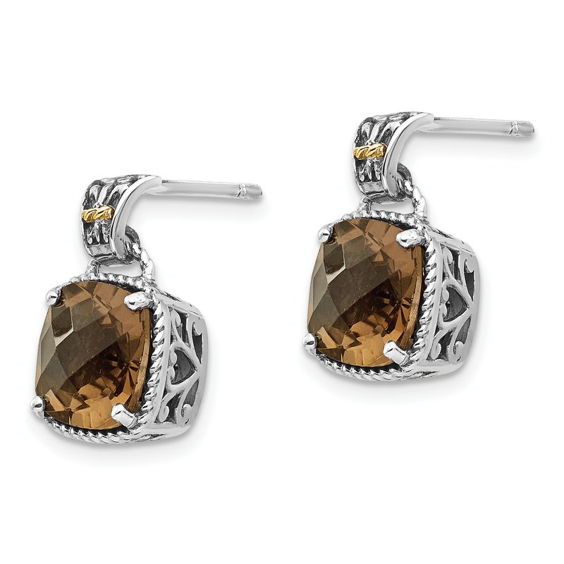 Sterling Silver with 14K Accent Antiqued Cushion Smoky Quartz Dangle Post Earrings