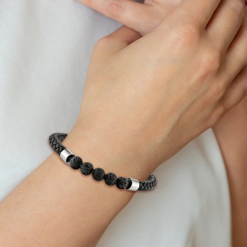 Stainless Steel Polished with Lava Stone Beads Black Leather 8.75 inch Bracelet