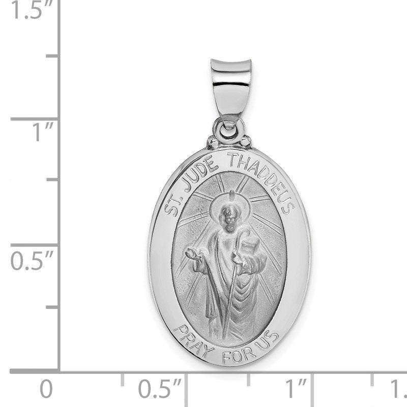14K White Gold Polished and Satin Hollow St Jude Thaddeus Medal Oval Pendant