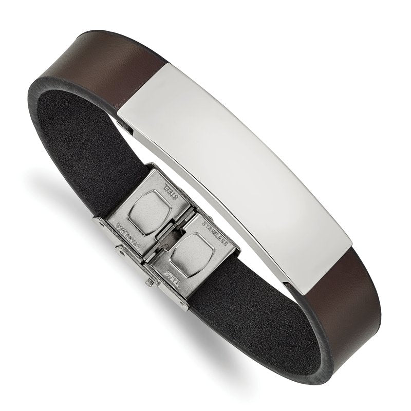 Stainless Steel Polished Brown Leather 8.25 inch ID Bracelet