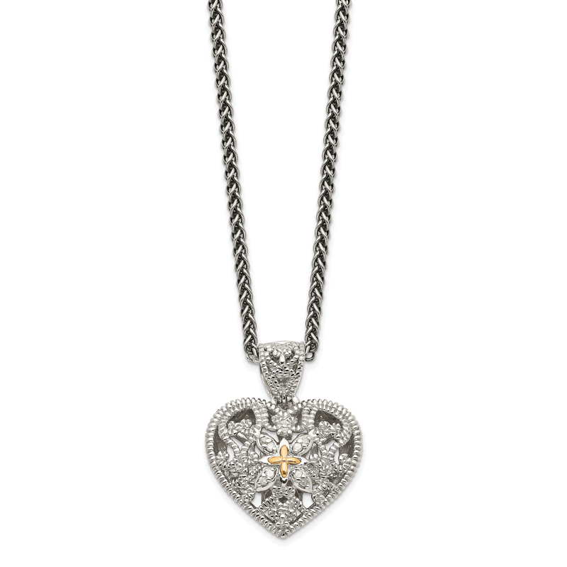 Sterling Silver Antiqued with 14K Accent 18 Inch Diamond Vintage Heart Necklace