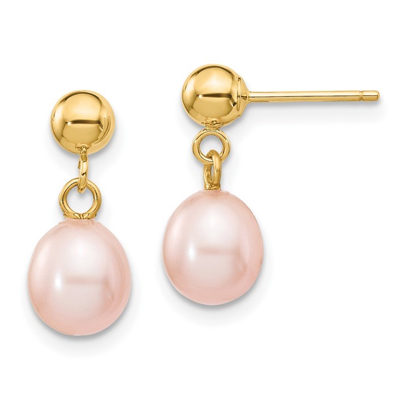 14k 6-7mm Pink Rice Freshwater Cultured Pearl Dangle Post Earrings