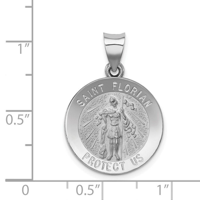 14k White Gold Polished and Satin Hollow St Florian Medal Round Pendant