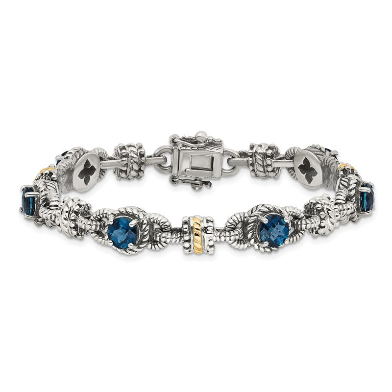 Sterling Silver with 14K Accent 7.25 Inch Antiqued Round London Blue Topaz Bracelet