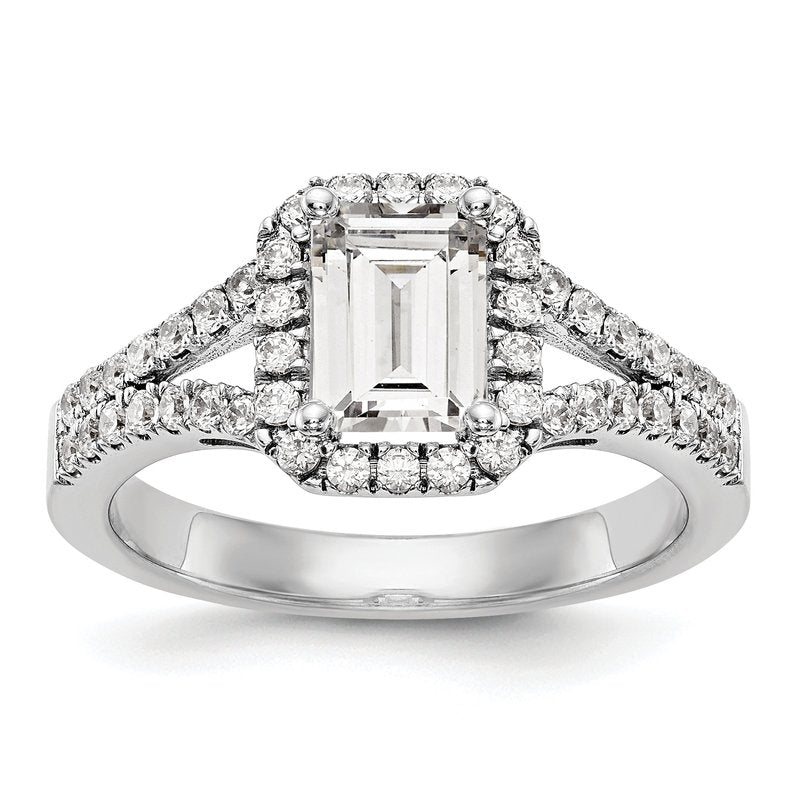 14K White Gold 3/8 carat Lab Grown Diamond VS+ F+ Semi-Mount Emerald Halo Engagement Ring