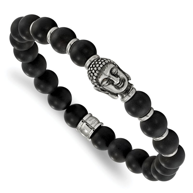 Stainless Steel Antiqued and Polished Buddha 8mm Black Agate Beaded Stretch Bracelet