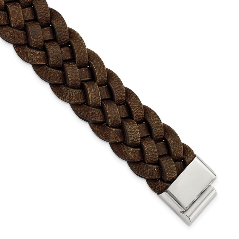 Stainless Steel Polished Brown Braided Leather 8.75 inch Bracelet