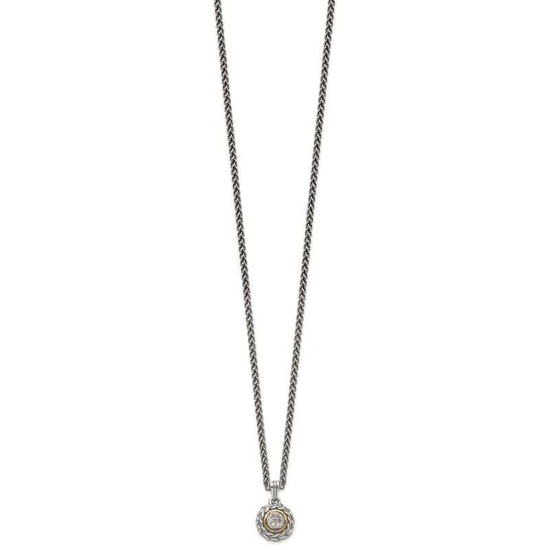 Sterling Silver Antiqued with 14K Accent 18 Inch Diamond Round Pendant Necklace