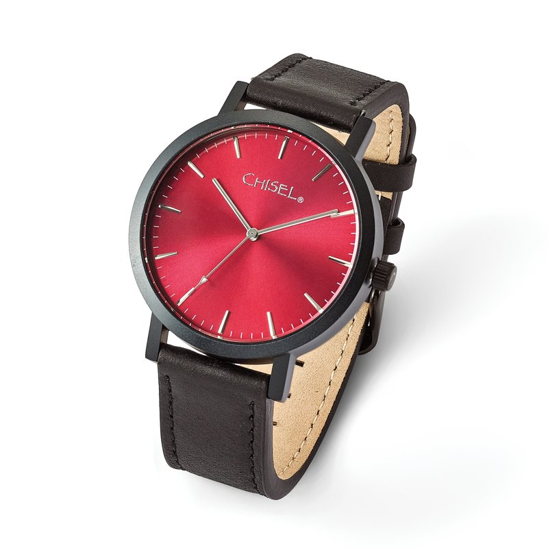 Matte Black IP-plated Red Dial Black Leather Band with Quick Release Watch