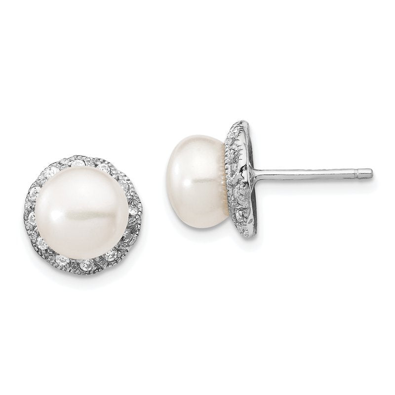 Sterling Silver Rhodium-plated White Freshwater Cultured Pearl and Brilliant-cut CZ Post Earrings