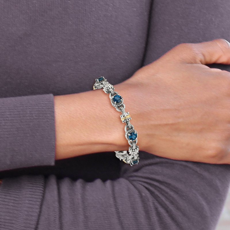 Sterling Silver with 14K Accent 7.25 Inch Antiqued Round London Blue Topaz Bracelet