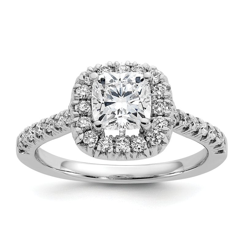 14K White Gold 3/8 carat Lab Grown Diamond VS+ F+ Semi-Mount Cushion Halo Engagement Ring