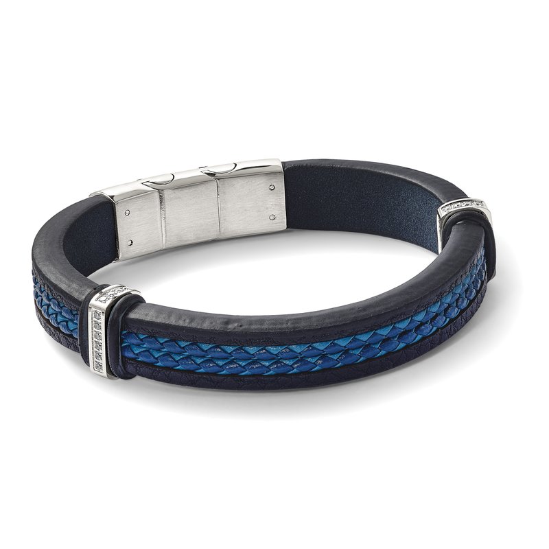 Stainless Steel Polished with CZ Black and Blue Braided Leather 8 inch Bracelet with .5 inch Extension