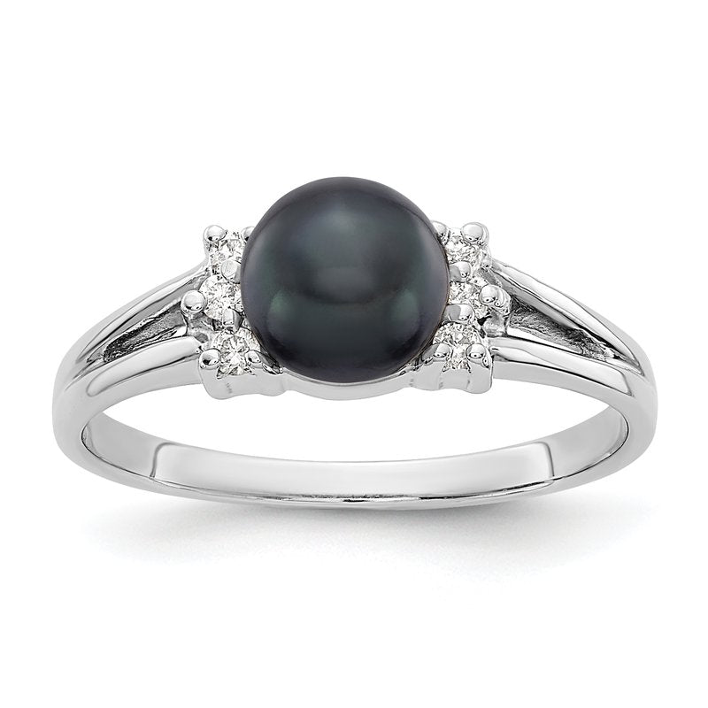 14k White Gold 6mm Black FW Cultured Pearl A Diamond ring